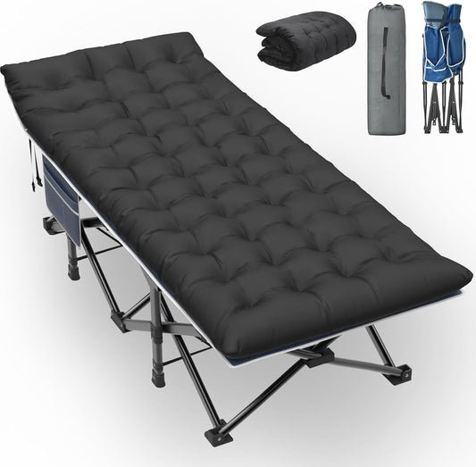 Suteck 75"x32" XXL Folding Camping Cot for Adults with Mattress, Portable Camping Bed, Sleeping Cot with Carry Bag for Office Home Nap, Outdoor, Camping, Travel, Max Load 500lbs Blue Cot Black Pad