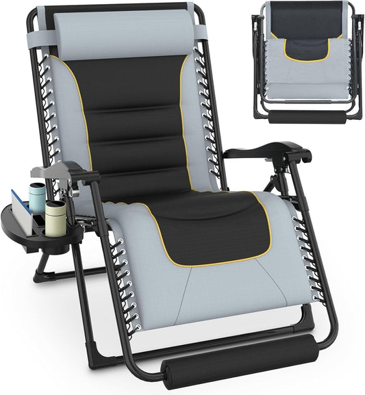 Suteck 29" XL 300lbs Oversized Padded Zero Gravity Chair Reclining Camping Lounge Chair with Large Cup Holder & Footrest, Reclining Patio Chairs, Folding Recliner Chair for Outdoor Indoor, Gray