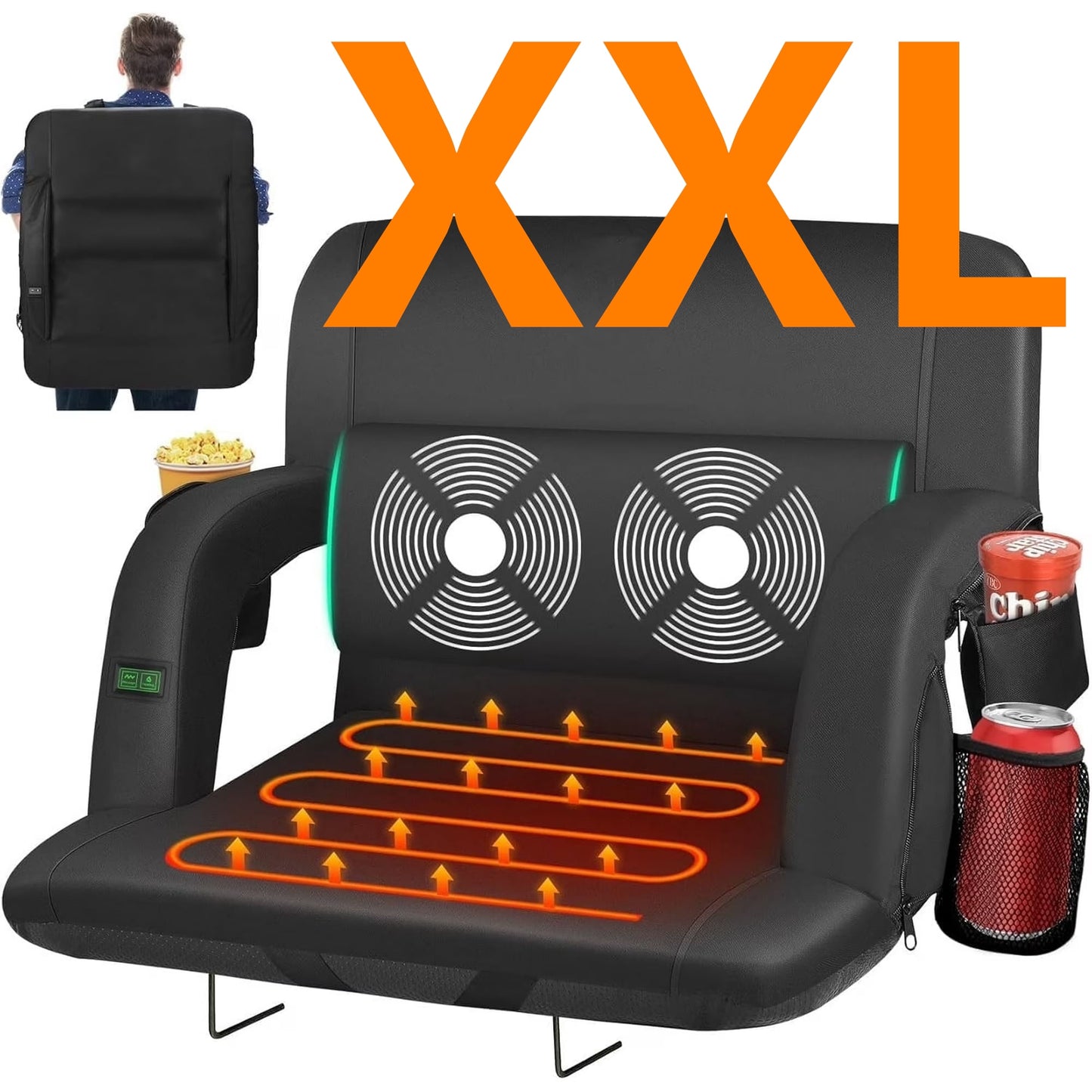 PNKKODW 25" Heated Massage Stadium Seats for Bleachers with Back Support, Portable Stadium Chair with 6 Reclining Positions, Armrest, for Outdoor£¨NO BATTERY)