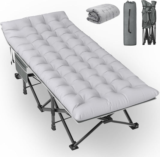 Suteck 75"x32" XXL Folding Camping Cot for Adults with Mattress, Portable Camping Bed with Carry Bag for Office Home Nap, Outdoor, Camping, Travel, Max Load 500lbs Stripe Grey Cot Grey Pad
