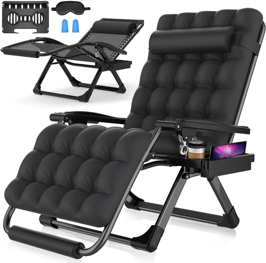 Suteck Oversized Zero Gravity Chair,33In XXL Lounge Chair w/Removable Cushion&Headrest, Reclining Camping Chair w/Upgraded Lock and Footrest, Reclining Patio Chairs Recliner for Indoor Outdoor Black