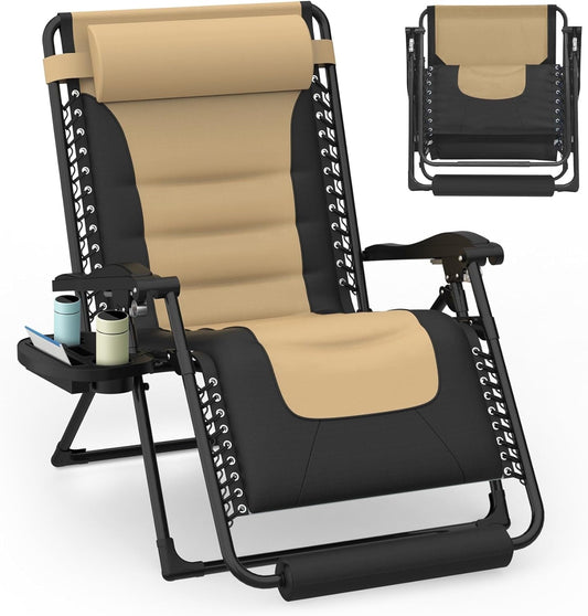 Suteck 29" XL 300lbs Oversized Padded Zero Gravity Chair Reclining Camping Lounge Chair with Large Cup Holder & Footrest, Reclining Patio Chairs, Folding Recliner Chair for Outdoor Indoor, Khaki