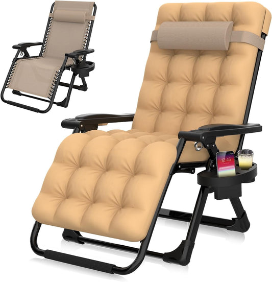 Suteck Zero Gravity Chair, Reclining Camping Lounge Chair w/Removable Cushion, Upgraded Lock and Cup Holder, Reclining Patio Chairs Folding Recliner for Indoor and Outdoor Beige