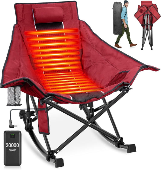 Suteck Heated Camping Chair, Oversized Outdoor Rocking Chair with 20000mAh Power Bank, Portable Folding Heated Chair for Camp, Lawn, Sports, Winter Use