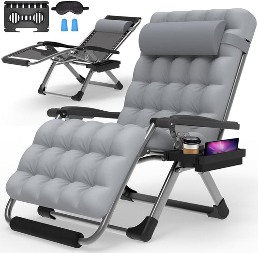 Suteck Oversized Zero Gravity Chair,33In XXL Lounge Chair w/Removable Cushion&Headrest, Reclining Camping Chair w/Upgraded Lock and Footrest, Reclining Patio Chairs Recliner for Indoor Outdoor Gray