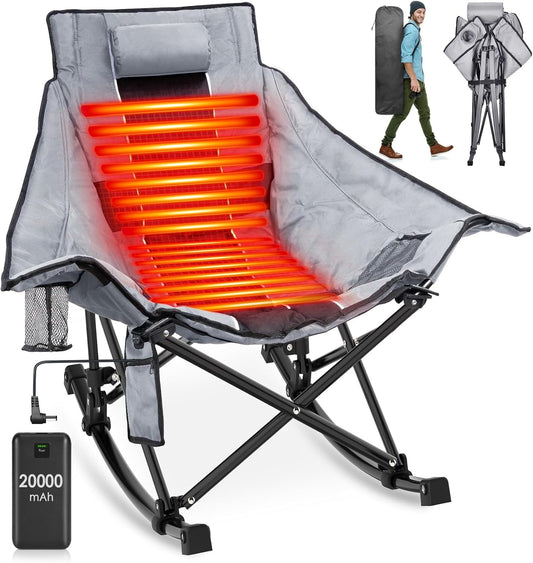 Suteck Oversized Heated Camping Rocking Chair w/ 20000mAh Power Bank Outdoor Portable Folding Recliner Reclining Chair for Camp, Lawn, Sports, Winter Use Gray