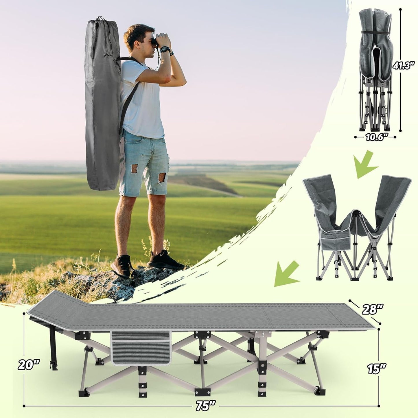 Suteck 28" XL Folding Camping Cot for Adults with Mattress, Gray Cot Gray Pad