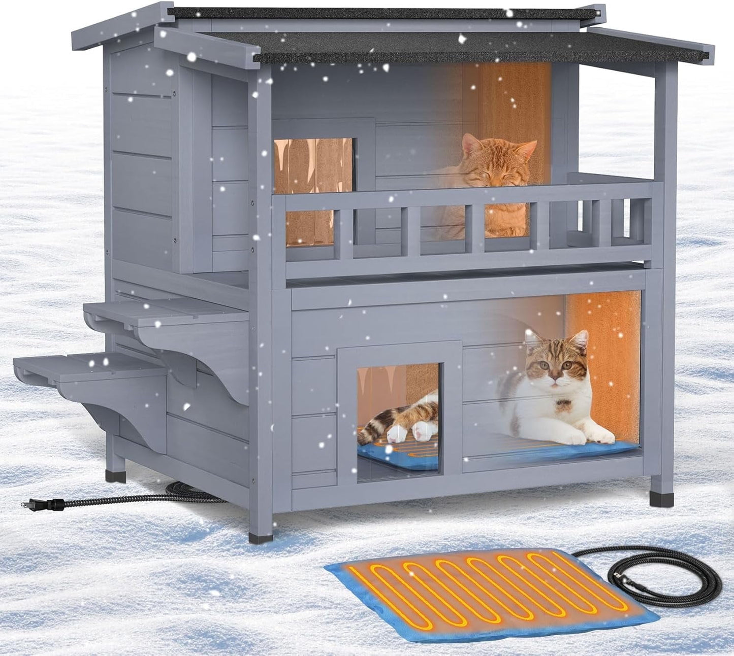 PNKKODW Heated Cat House for Outside,Insulated Kitty House with Heated Pad Escape Door for Winter,Wooden Weatherproof Stray Feral Cat Shelter for Multiple Cats,Double Storey Gray