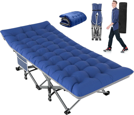 Suteck 75"x28" XL Folding Camping Cot for Adults w/Mattress, Portable Camping Bed, Sleeping Cot with Carry Bag for Office Home Nap, Outdoor, Camping, Travel, Max Load 500lbs Blue Cot Blue/Gray Pad