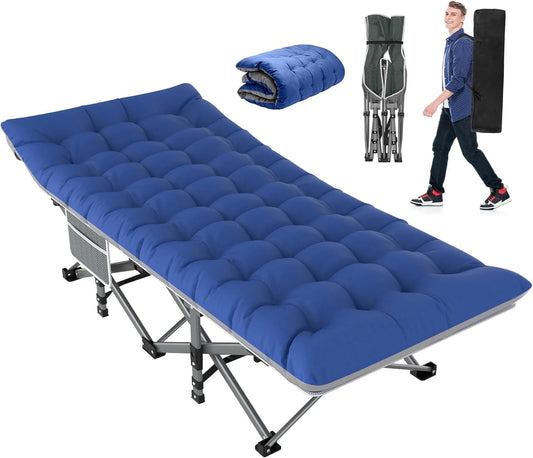 Suteck 75"x28" XL Folding Camping Cot for Adults w/ Mattress, Portable Sleeping Camping Bed w/Carry Bag for Office Home Nap, Outdoor, Camping, Travel, Max Load 500lbs Striped Gray Cot Blue/Gray Pad
