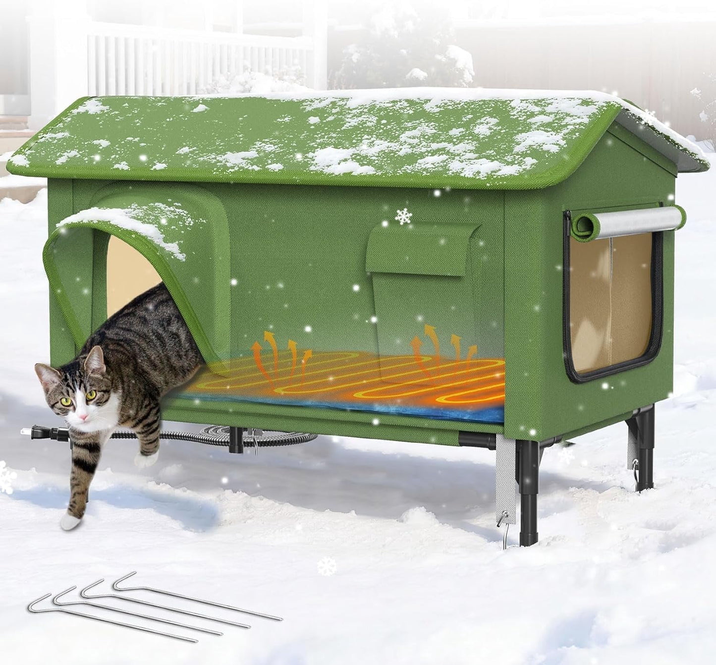 PNKKODW 32" Heated Cat House for Outside,Insulated Cat House with Waterproof Eaves & Escape Door,Outdoor Weatherproof Cat Shelter for Winter,Elevated Cat Shelter for Feral Stray Kitty,Green XL