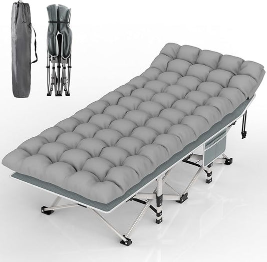 Suteck Folding Camping Cot Bed for Adults, 1200D Double Layer Oxford W/Soft Pad Carry Bag for Home Office Nap Beach Travel, Grey Cot Gray Pad
