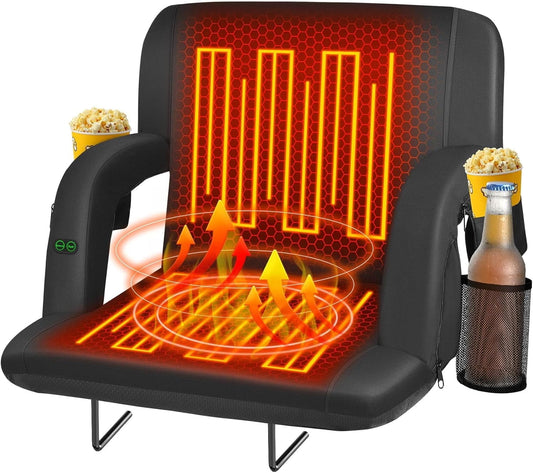Suteck 25" Dual-Sided Heated Stadium Seats for Bleachers with Back Support, 3 Levels Heating Stadium Seating for Bleachers Seat with Backrest, 5 Pockets Portable Stadium Chair for Outdoor