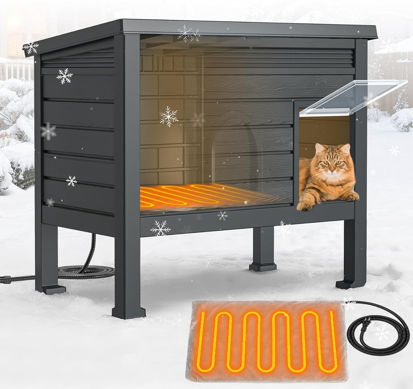 PNKKODW Heated Cat House for Outside, Insulated Cat House with Heated Pad Escape Door for Winter,Weatherproof Clawsable Feral Cat Shelter for Multiple Cats