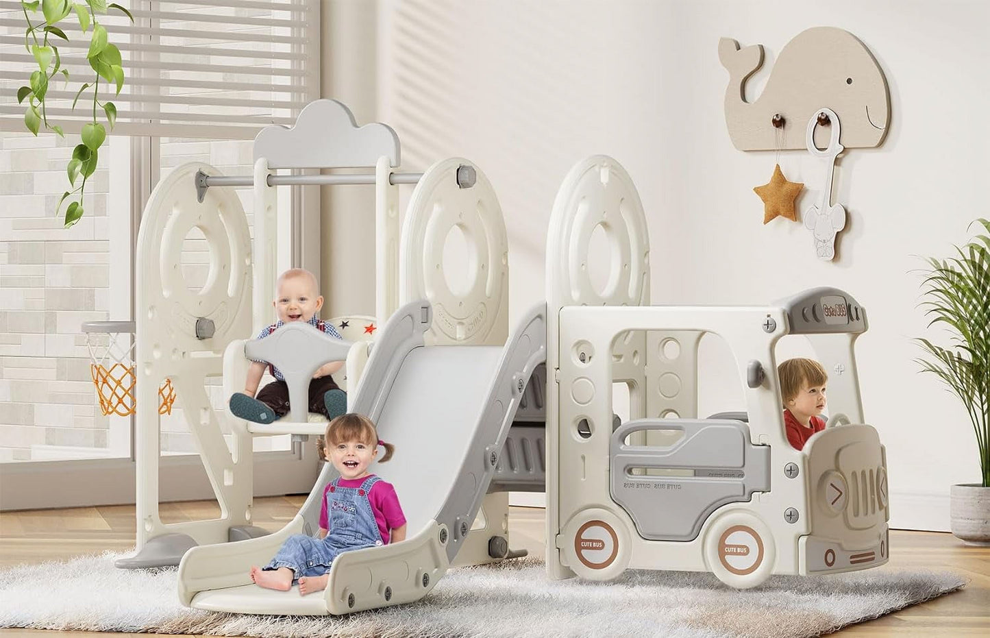 Suteck 4 in 1 Toddler Slide for Toddlers Age 1-3, Bus Themed Kid Slide with Basketball Hoop and Swing, Indoor Outdoor Baby Slide Toddler Playground Playset Gray