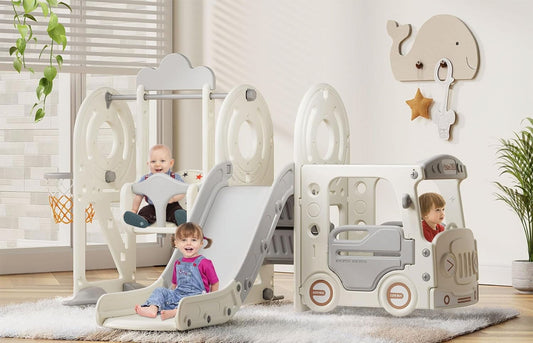 Suteck 4 in 1 Toddler Slide for Toddlers Age 1-3, Bus Themed Kid Slide with Basketball Hoop and Swing, Indoor Outdoor Baby Slide Toddler Playground Playset Gray