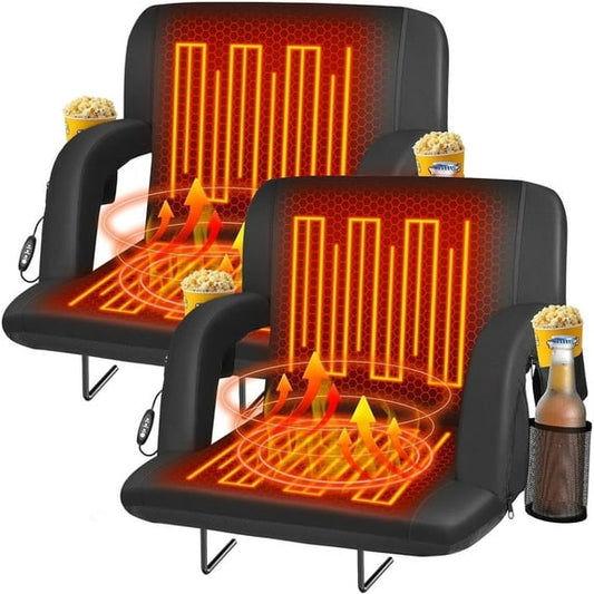 PNKKODW 25" 2PCS Foldable Heated Stadium Seats for Bleachers with Back Support, Extra Portable Bleacher Seat, USB 3 Levels of Heat, 5 Pockets for Outdoor Camping Games Sports(No Battery)