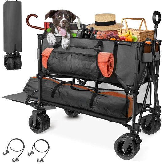 Suteck 400L Large Foldable Double Decker Wagon,360¡ã Adjustable Handle 550LBS Heavy Duty Collapsible Cart with 54" Extra Extender,All Terrain Double-Locking Brack Wheels,for Beach|Camp|Outdoor Black