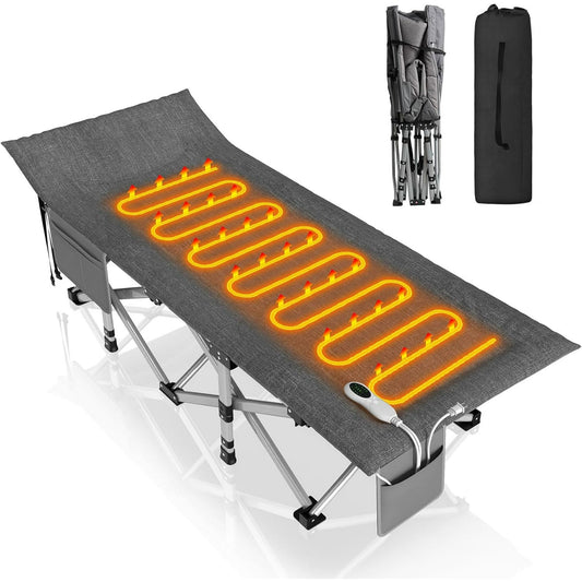 Suteck Heated Camping Cot, Folding Camping Cot Bed for Adults Sleeping Portable Outdoor Cots for Camping W/Build-in Soft Cotton Pad and Carry Bag for Home Office Nap Beach Travel, 500LBS Gray