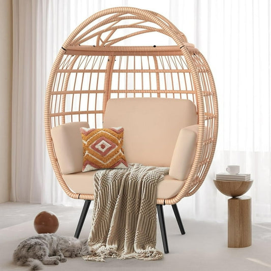 Suteck 370lbs Capacity Wicker Egg Chair, Oversized Indoor Outdoor Lounger w/ 4 UV Resistant Cushions, Storage Bag, All-Weather Egg Lounger Chair for Patio, Backyard, Living Room, Brown  - Brown