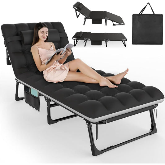 Suteck 5 Positions Folding Camping Cot for Adults w/Mattress and Storage Bag, Adjustable Sleeping Cot Bed Chaise Lounge Chair for Guest, Bedroom,Patio, Pool, Black Cot +Black/Gray