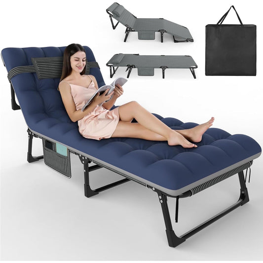 Suteck Folding Camping Cot for Adults, Adjustable 5 Positions Recliner Lounge Chaise w/Storage Bag and Pillow for Guest, Bedroom, Pool, Stripe Gray Cot Blue-Gray Pad