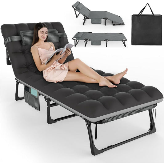 Suteck Folding Camping Cot for Adults, Adjustable 5 Positions Recliner Lounge Chaise w/Storage Bag and Pillow for Guest, Bedroom, Pool, Gray Cot +Black/Gray Pad