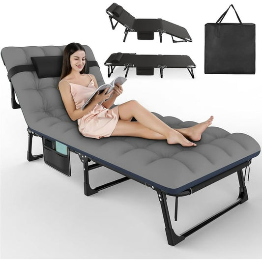 Suteck 5 Positions Folding Camping Cot for Adults w/Mattress and Storage Bag, Adjustable Sleeping Cot Bed Chaise Lounge Chair for Guest, Bedroom,Patio, Pool, Black Cot +Gray/Blue Pad