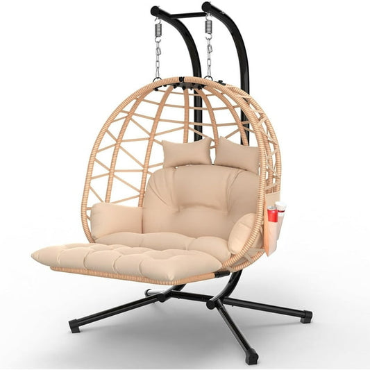 Suteck Oversized 700lbs Double Egg Chair with Stand & Leg Rest, 2 Person Rattan Wicker Swing Chair with UV Resistant Cushion and Pillow, for Indoor Outdoor Bedroom Patio Hanging Basket Chair, Brown