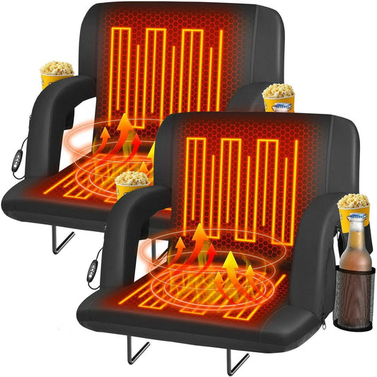 Suteck 25" 2PCS Foldable Heated Stadium Seats for Bleachers with Back Support and Wide Cushion, Extra Portable Bleacher Seat, USB 3 Levels of Heat, 5 Pockets for Outdoor Camping Games Sports