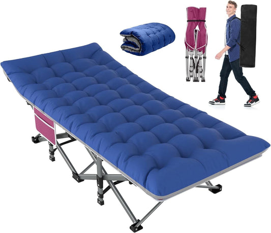 Suteck 75"x28" XL Folding Camping Cot for Adults with Mattress, Portable Camping Bed with Carry Bag for Office Home Nap, Outdoor, Camping, Travel, Max Load 500lbs Stripe Red Cot Blue/Gray Pad