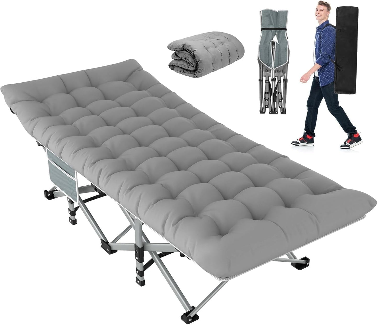 Suteck 28" XL Folding Camping Cot for Adults with Mattress, Gray Cot Gray Pad