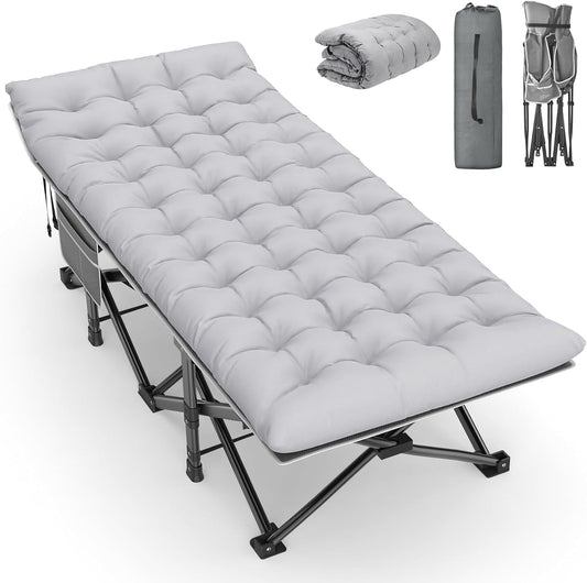 Suteck 75"x32" XXL Folding Camping Cot for Adults with Mattress, Portable Camping Bed, Sleeping Cot with Carry Bag for Office Home Nap, Outdoor, Camping, Travel, Max Load 500lbs Gray Cot Gray Pad