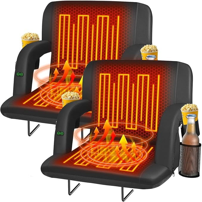 Suteck 23" 2pcs Dual-Sided Heated Stadium Seats for Bleachers with Back Support, 3 Levels Heating Stadium Seating for Bleachers Seat with Backrest, 5 Pockets Portable Stadium Chair for Outdoor