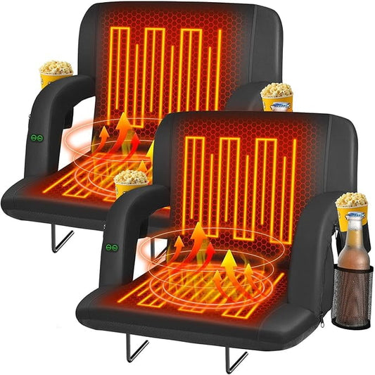Suteck 25" 2pcs Dual-Sided Heated Stadium Seats for Bleachers with Back Support, 3 Levels Heating Stadium Seating for Bleachers Seat with Backrest, 5 Pockets Portable Stadium Chair for Outdoor